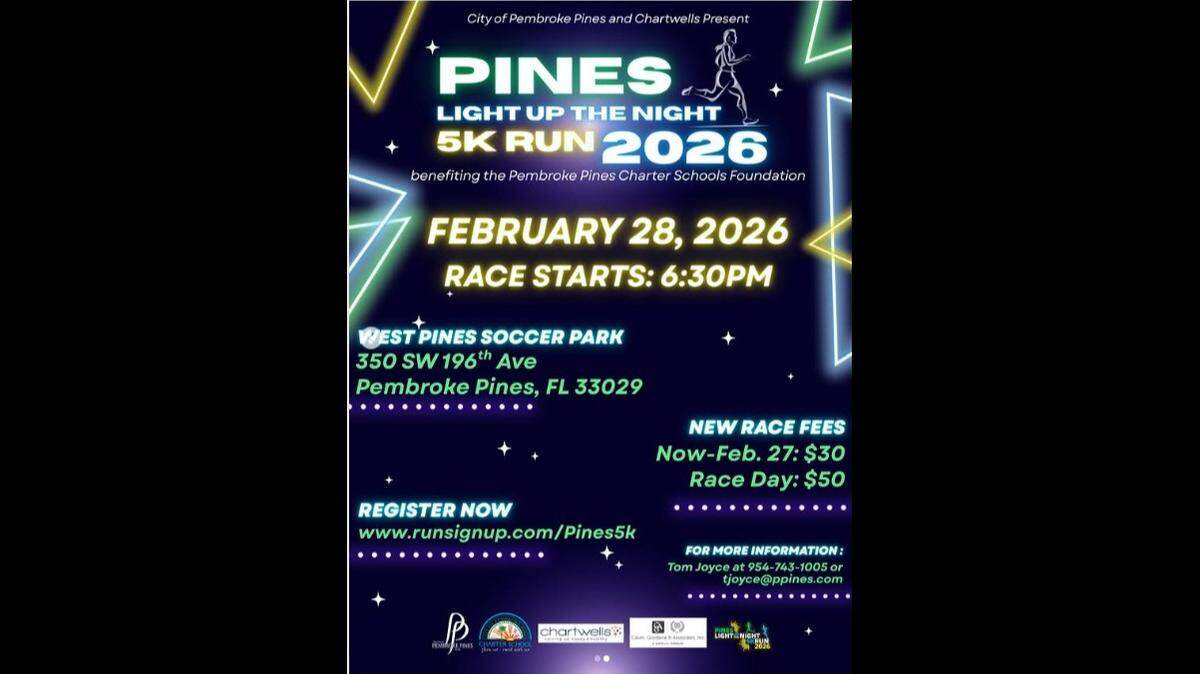The Pines Light Up the Night 5K Run is scheduled to take place on Saturday, Feb. 28, at the West Pines Soccer Park.