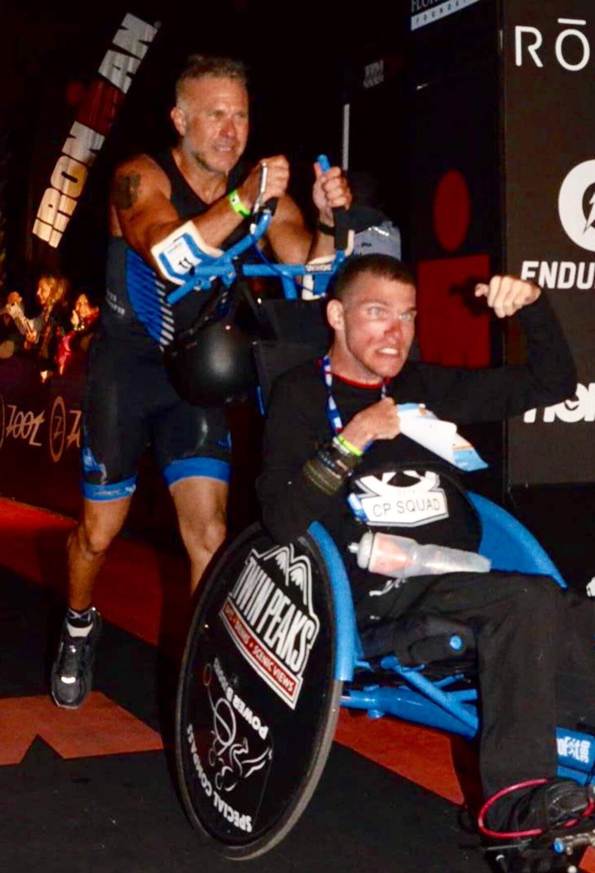 Jim Sayih, top, and Michael Sayih race using an Axiom Arrow, a custom-built race chair by mobility aids manufacturer Adaptive Star.