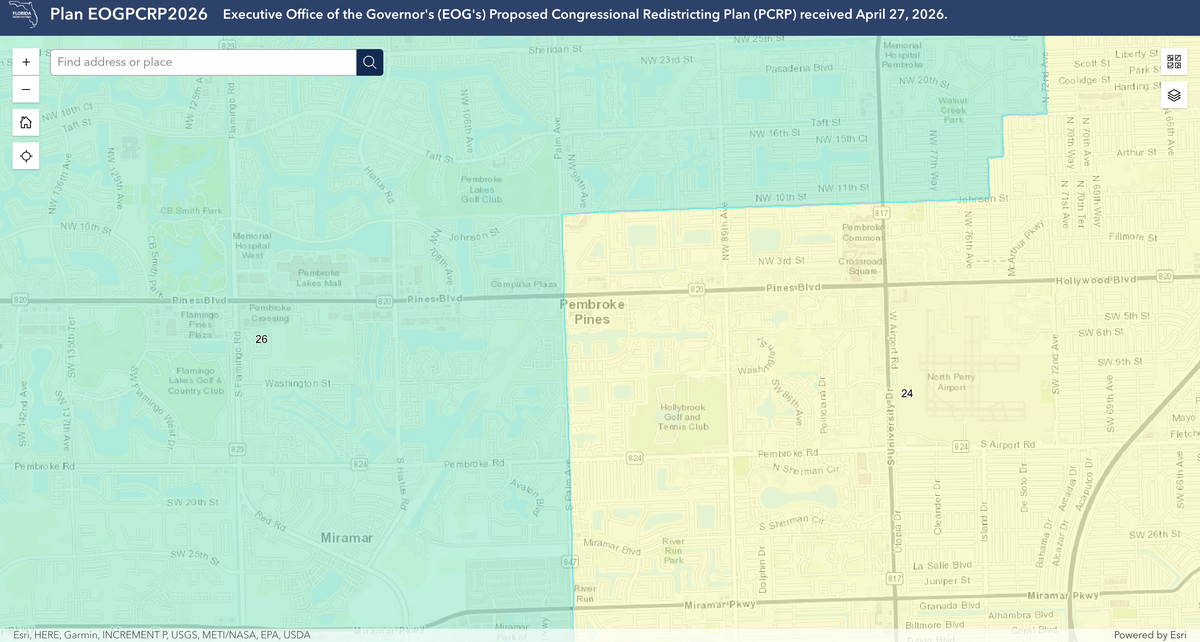 Screengrab of the 26th congressional district boundary in Pembroke Pines and Miramar. The area is overseen by U.S. Rep. Mario Díaz-Balart.