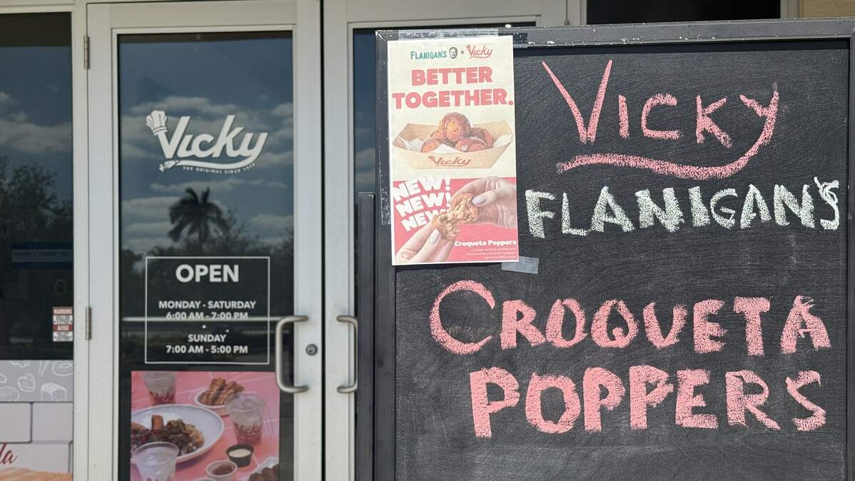 A sign promoting the Croqueta Poppers outside a Vicky Bakery in Pembroke Pines.