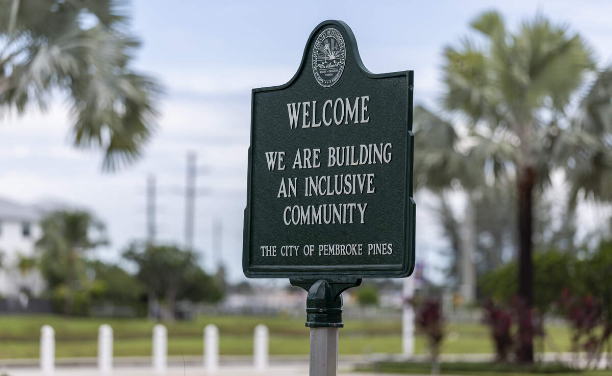 A sign welcomes visitors to the Charles F. Dodge City Center in Pembroke Pines.