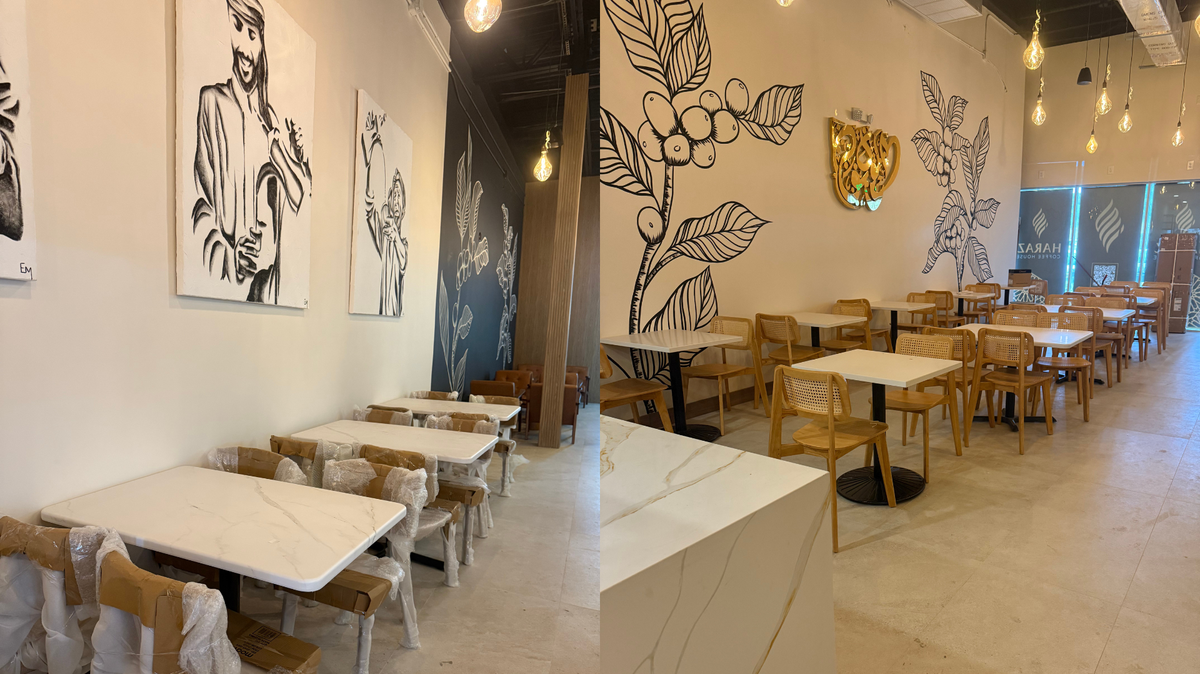 Two side-by-side images of the upcoming Haraz Coffee House in Pembroke Pines.