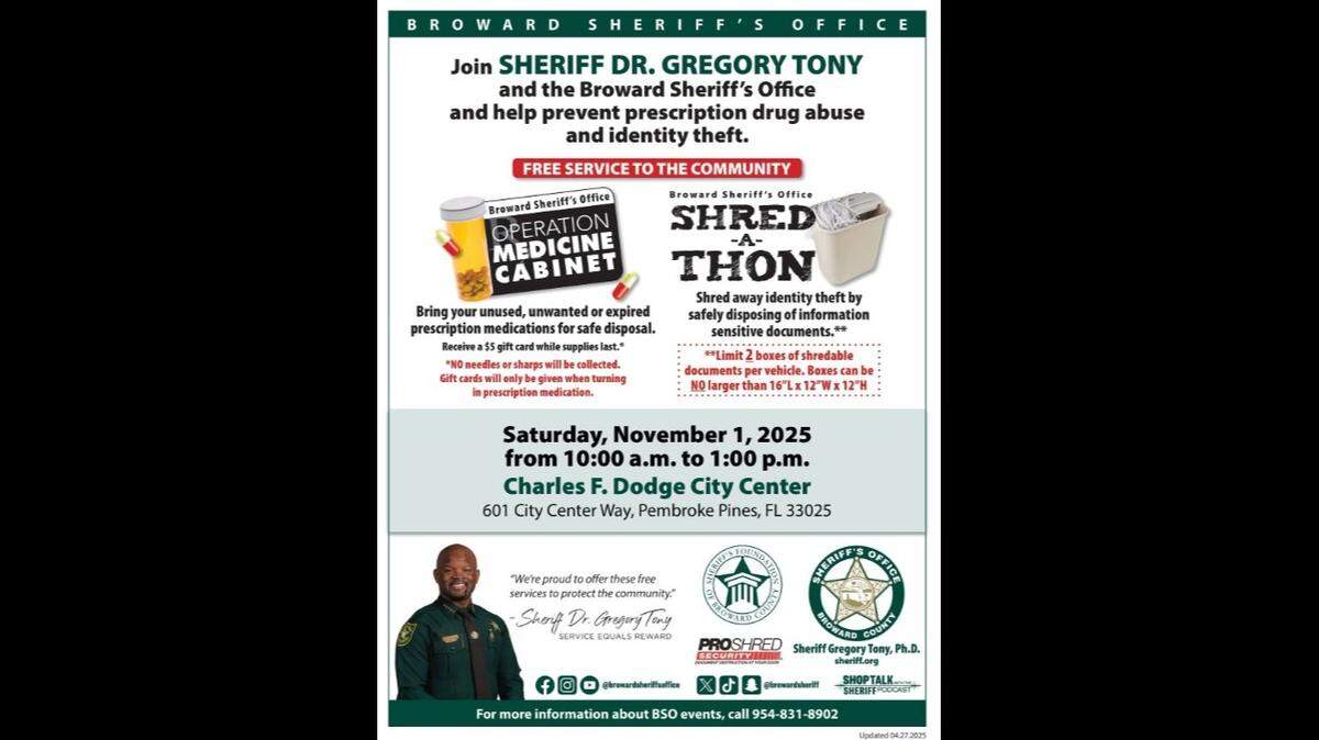 If you’ve been meaning to get rid of old paperwork or expired medicine, this weekend might be your chance. The Broward Sheriff’s Office is hosting a free Shred-A-Thon in Pembroke Pines to help residents safely dispose of papers and pills.