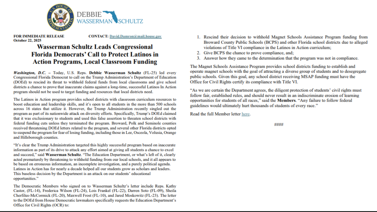Press release from the office of U.S. Rep. Debbie Wasserman Schultz.