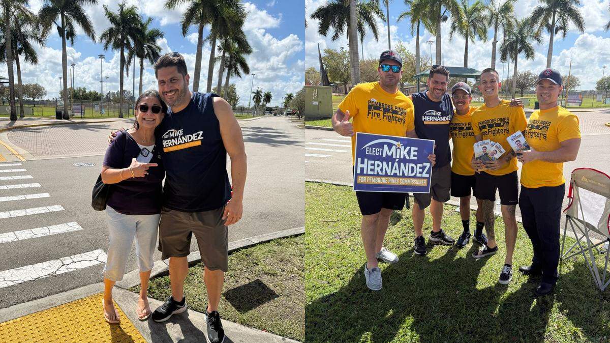 Vice Mayor Michael “Mike” Hernandez greets a resident at a Pembroke Pines polling site and city firefighters on Election Day, March 10.
