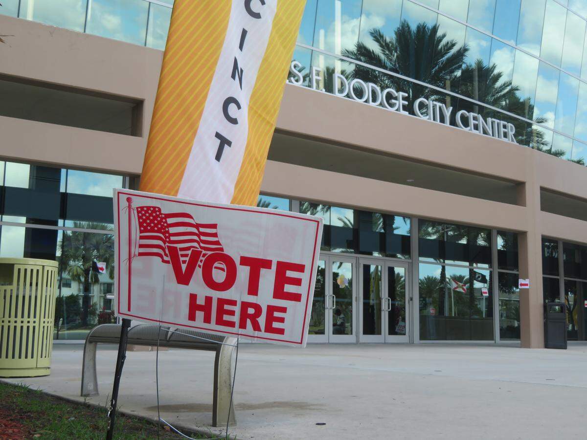 A “Vote Here” sign outside the Charles F. Dodge City Center polling site on March 10 for the Pembroke Pines municipal election.