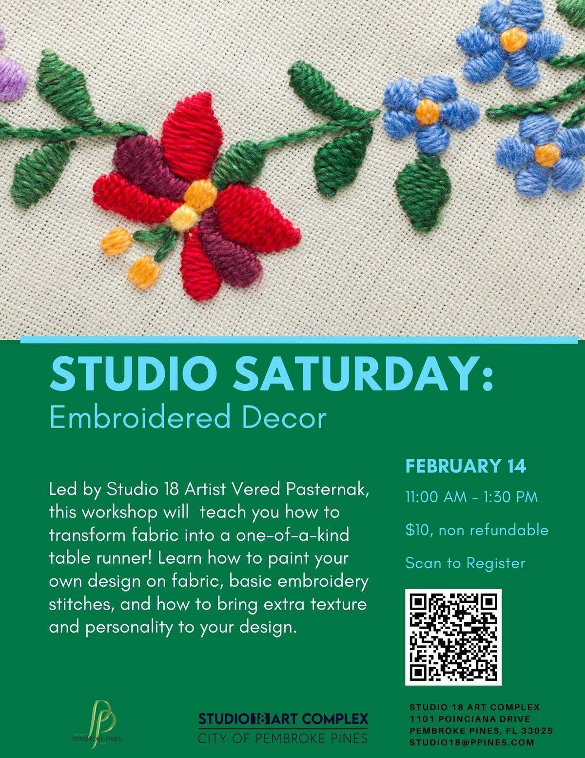 All ages are invited to attend the workshop led by Studio 18 artist Vered Pasternak, who will teach guests basic embroidery techniques.