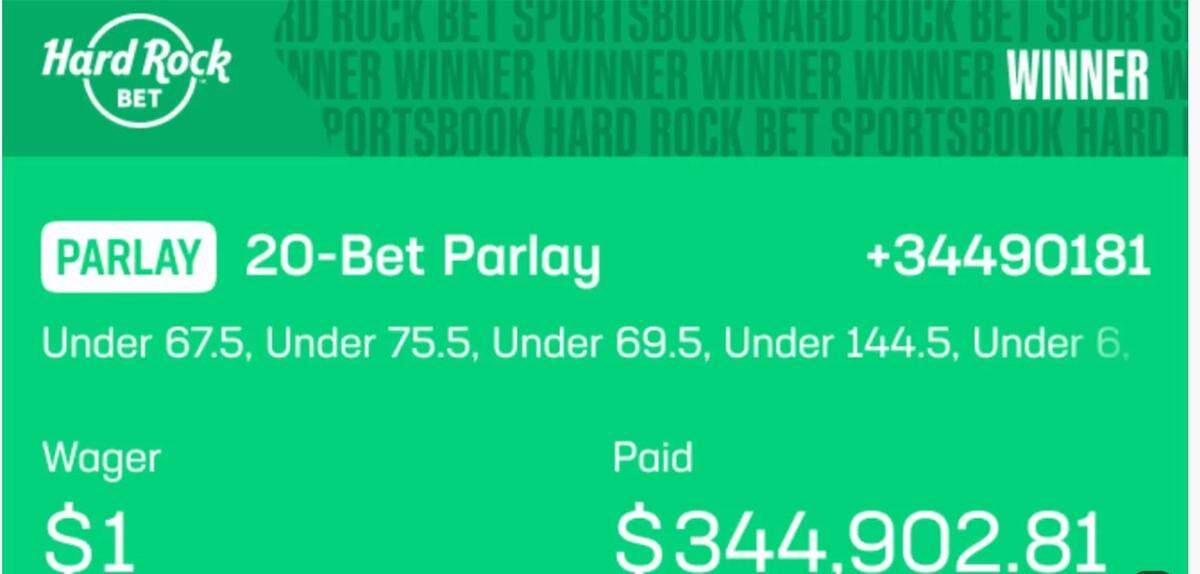 A Pembroke Pines bettor hit on a 20-leg parlay, turning a $1 bet into a $344,902.81 prize.