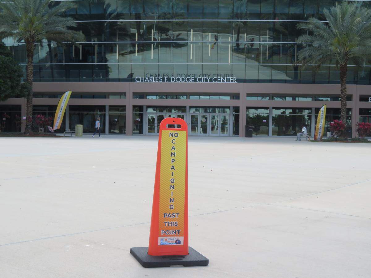A “No campaigning past this point,” sign outside of the Charles F. Dodge City Center polling site for the municipal election.