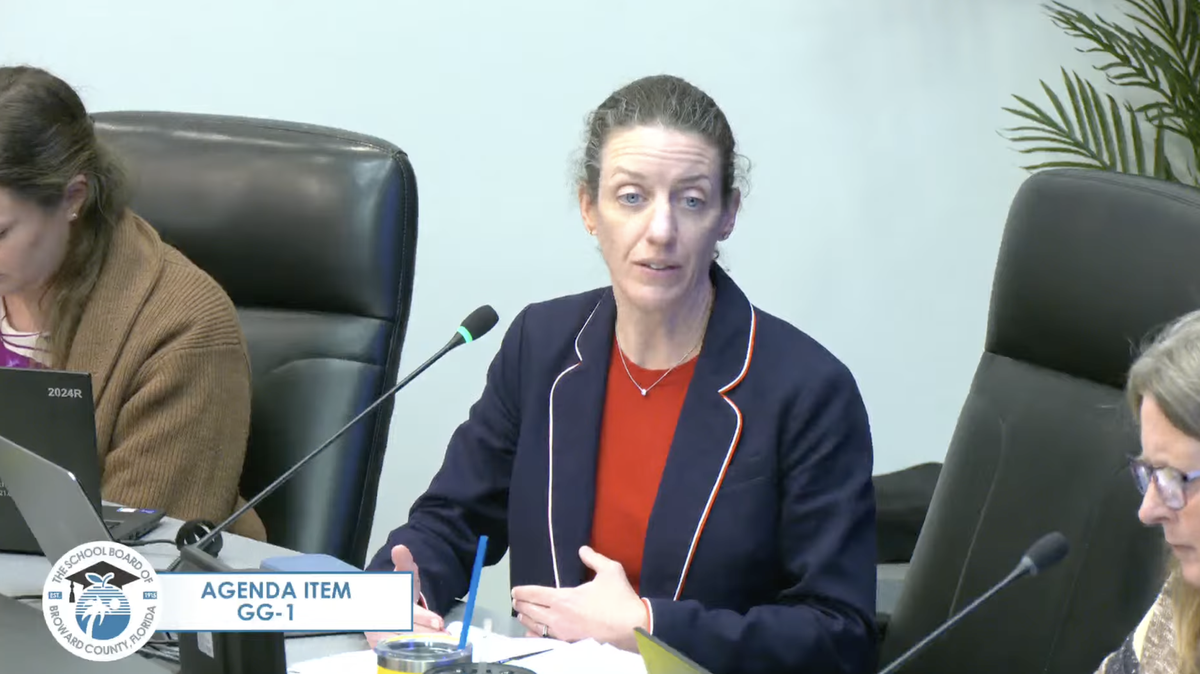 District 1 board member Maura McCarthy Bulman addresses the board during debate over agenda item GG-1 at the Tuesday, Feb. 11 Broward County Public School Board meeting.