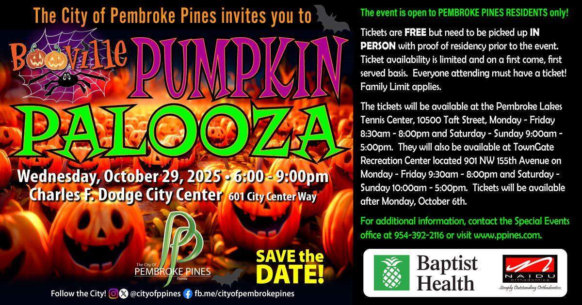 The Boo-ville Pumpkin Palooza is scheduled from 6 to 9 p.m. on Wednesday at the Charles F. Dodge City Center. Tickets are required.