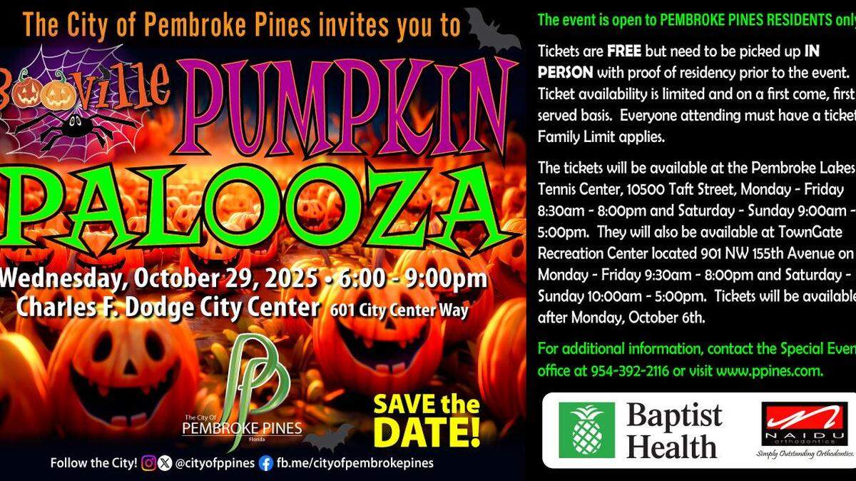Boo-ville ticket pickup starts Monday, Oct. 6, for Pembroke Pines residents. The annual Halloween event promises candy, contests and plenty of spooky surprises. 