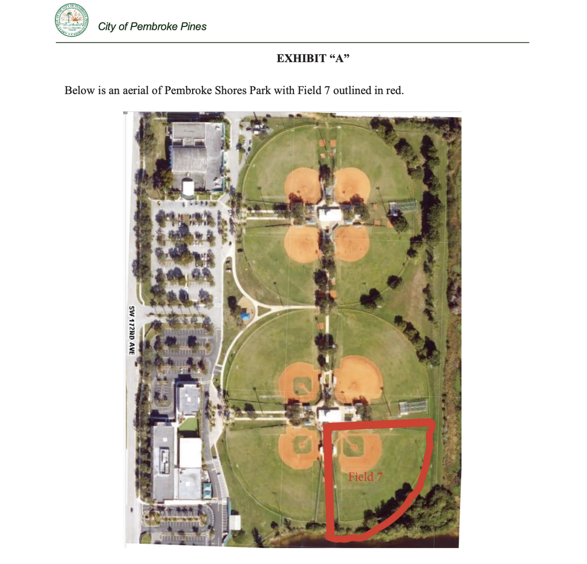 An aerial view of the Pembroke Shores Park with Field 7 outlined in red, where the artificial turf could be installed under a proposed agreement between the city and Somerset Academy. 