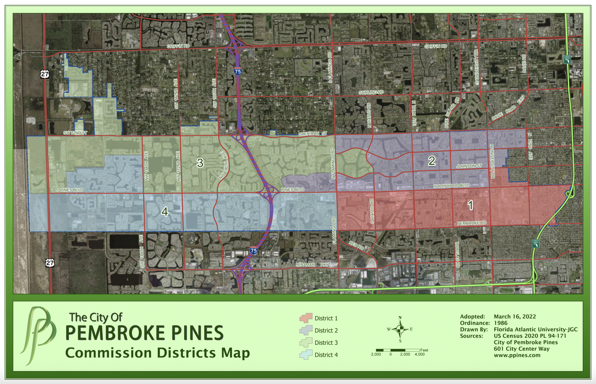 The City of Pembroke Pines commission districts map, outlining the four district boundaries, adopted March 16, 2022.