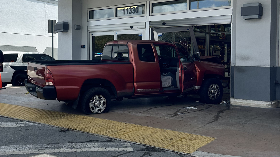 A red pickup truck crashed into the Aldi grocery store located at 11330 Pines Blvd. on Friday, Feb. 27.
