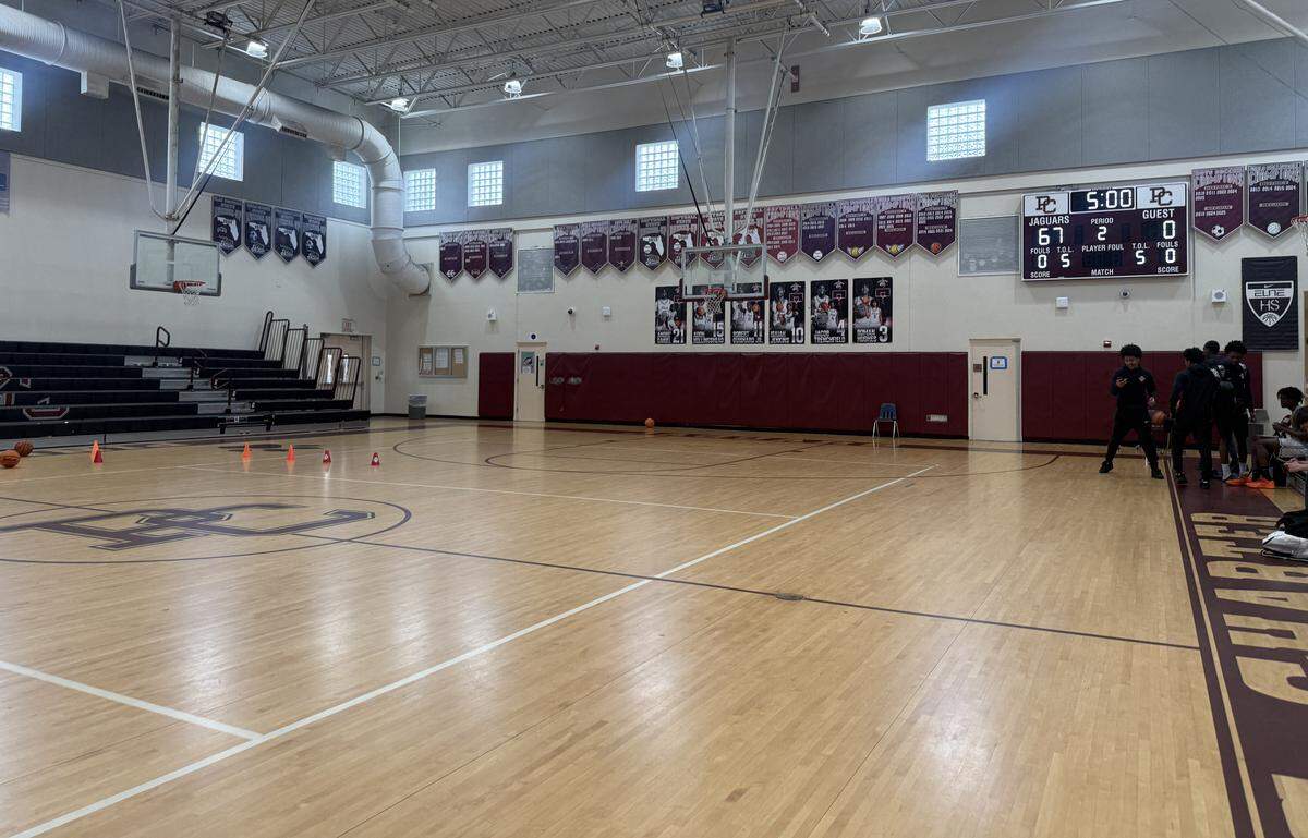 A wide view of the Jaguars’ court inside the Pembroke Pines Charter High School gymnasium.