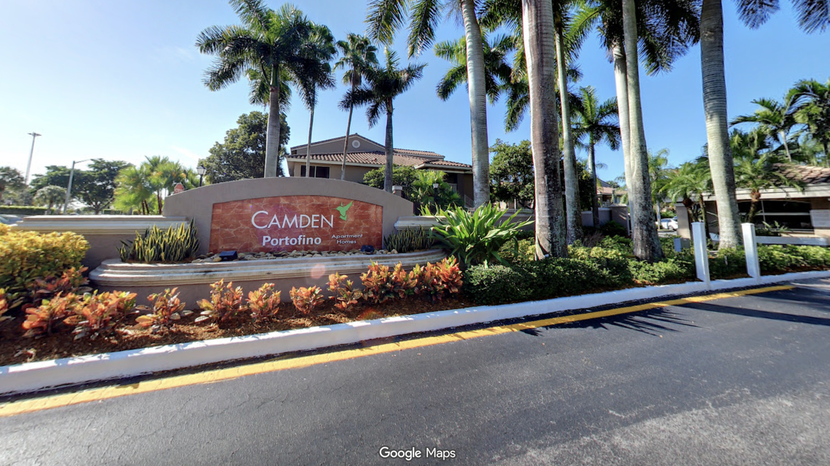 The main entrance of the Camden Portofino Apartments in Pembroke Pines.