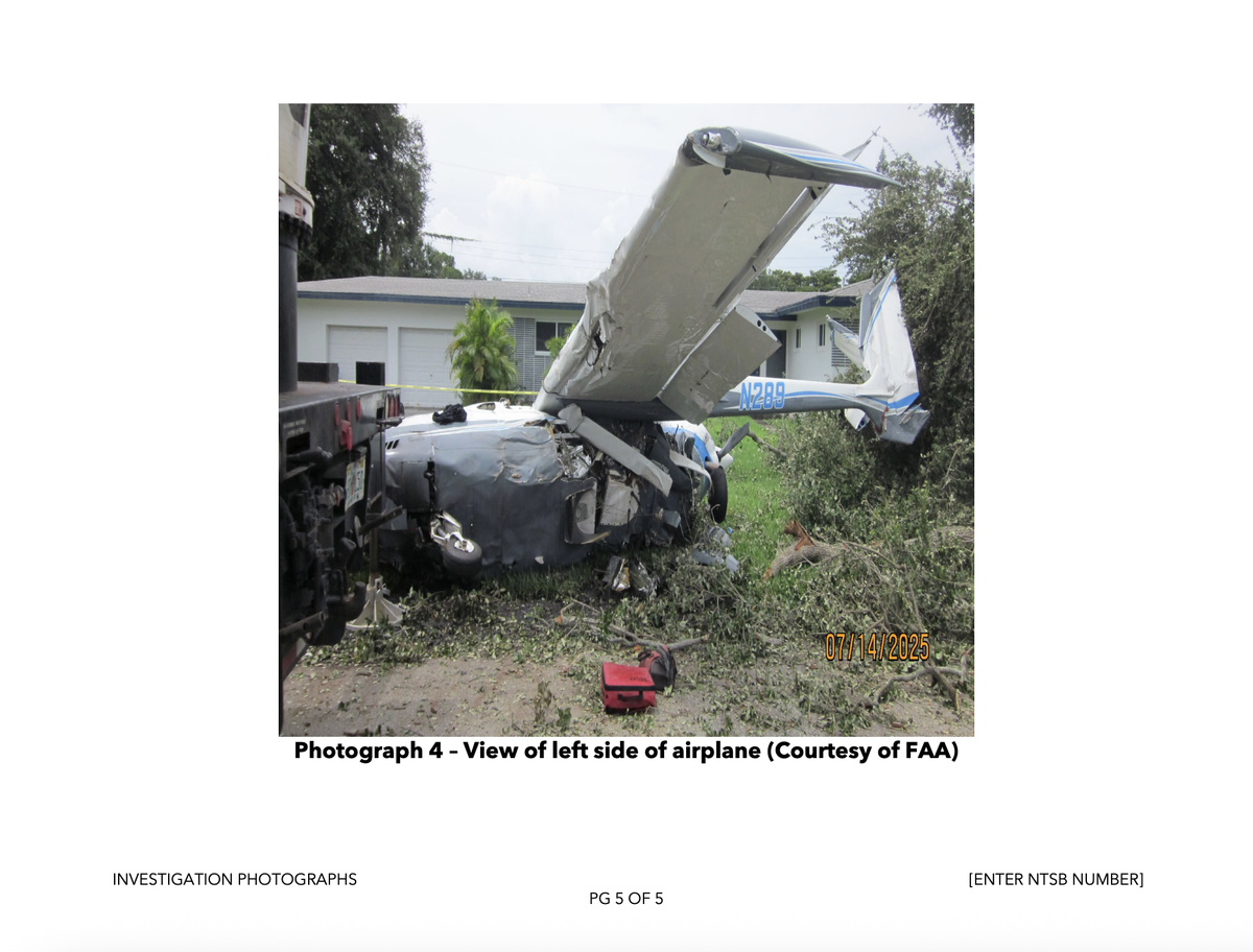 The left side of the twin-engine 1976 that Cessna Carlos Balza Cardenas flew, after the July 13 crash in Pembroke Pines, shown in an image from the NTSB investigation.