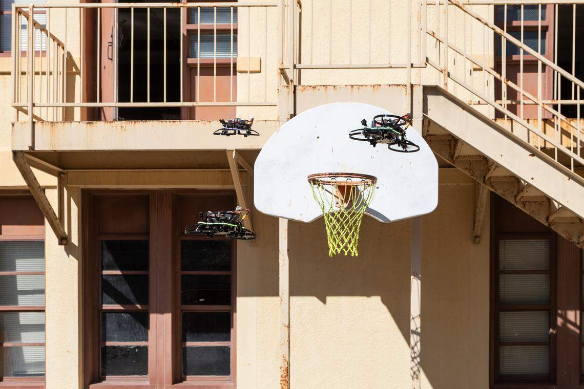 A trio of drones from the Campus Guardian Angel system, which can stream live video and distract an armed intruder.