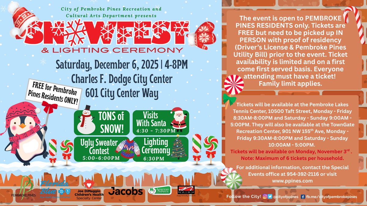 The City of Pembroke Pines invites residents to their annual SnowFest ceremony on Dec. 6, 2025.