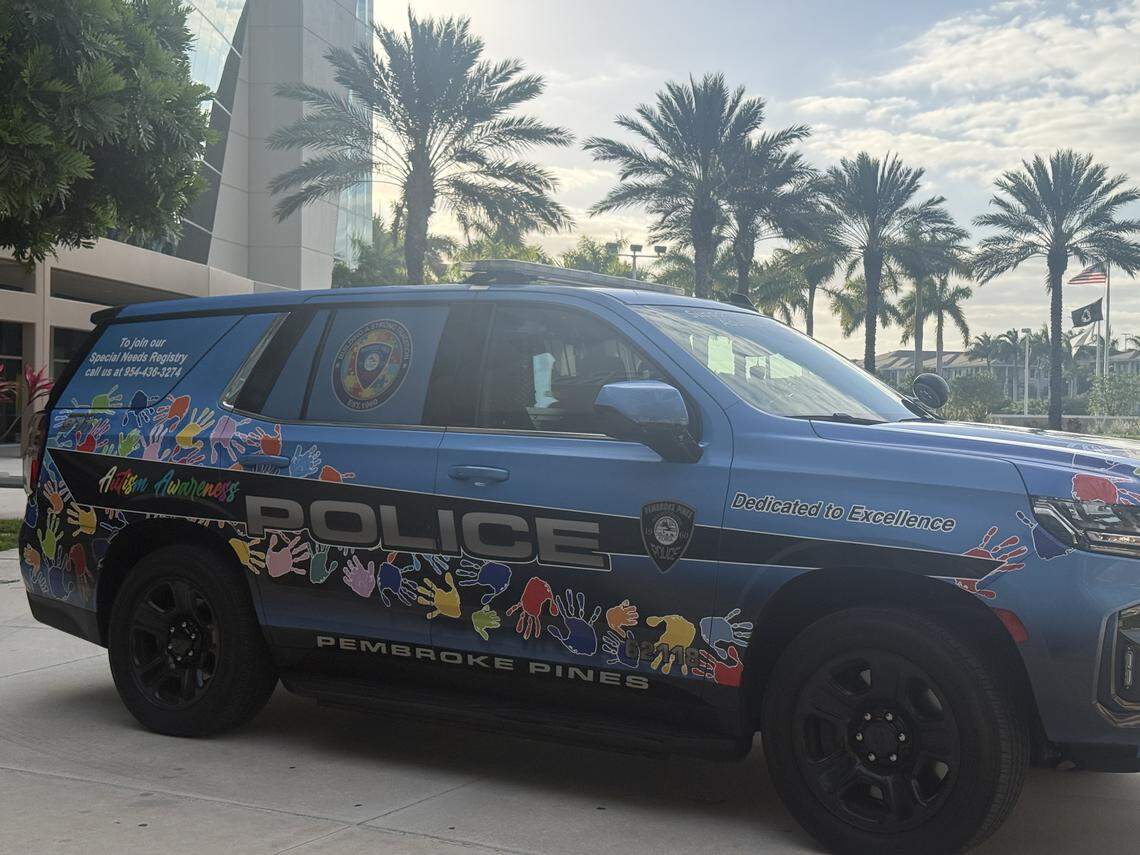 The Pembroke Pines Police Department’s Autism Awareness car was parked outside commission chambers on April 15.