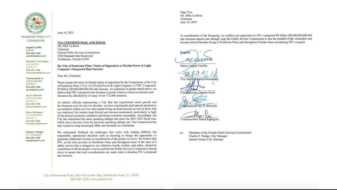 The Pembroke Pines city commission opposed FPL’s request for a $9 billion rate increase.