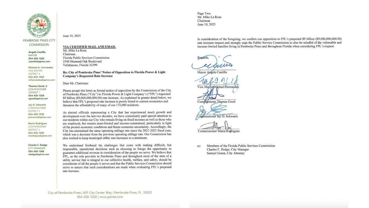 The Pembroke Pines city commission opposed FPL’s request for a $9 billion rate increase.