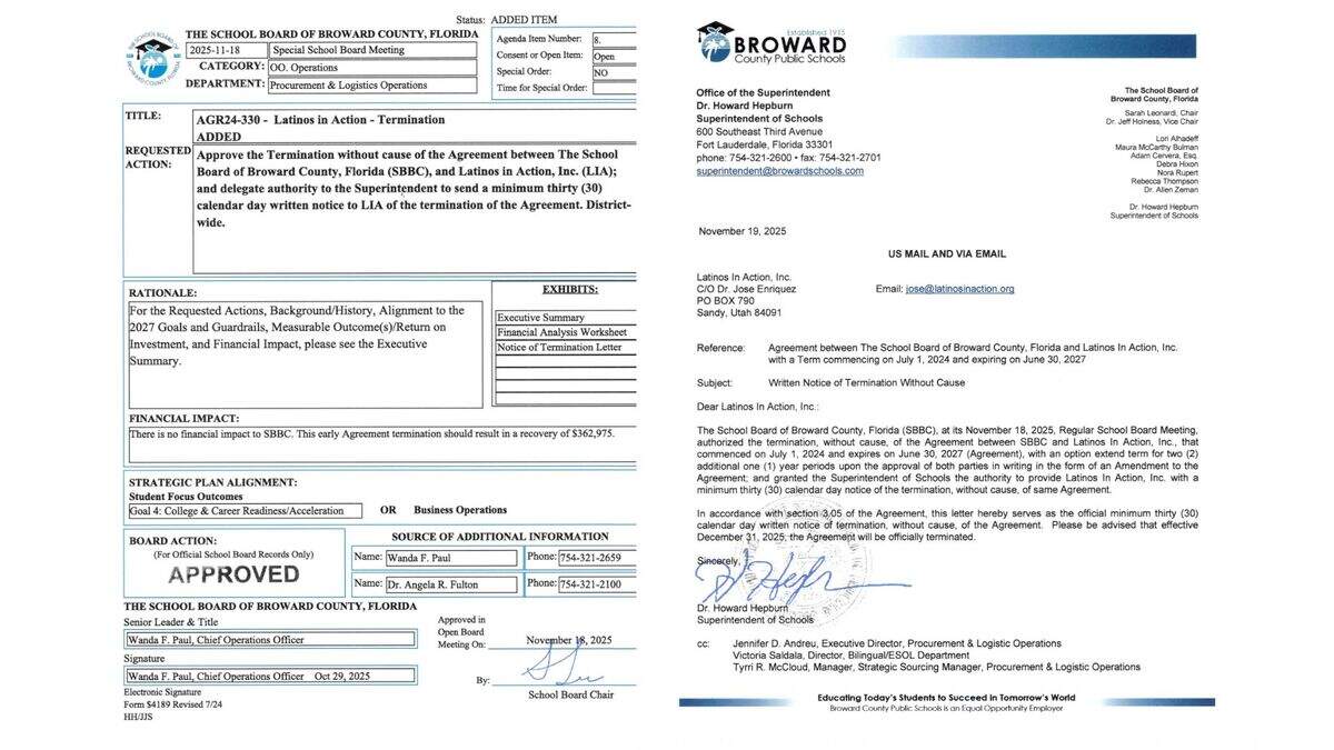 Broward County Public School documents outline the district’s move to terminate without cause its partnership with Latinos in Action for the 2025-2026 school year.