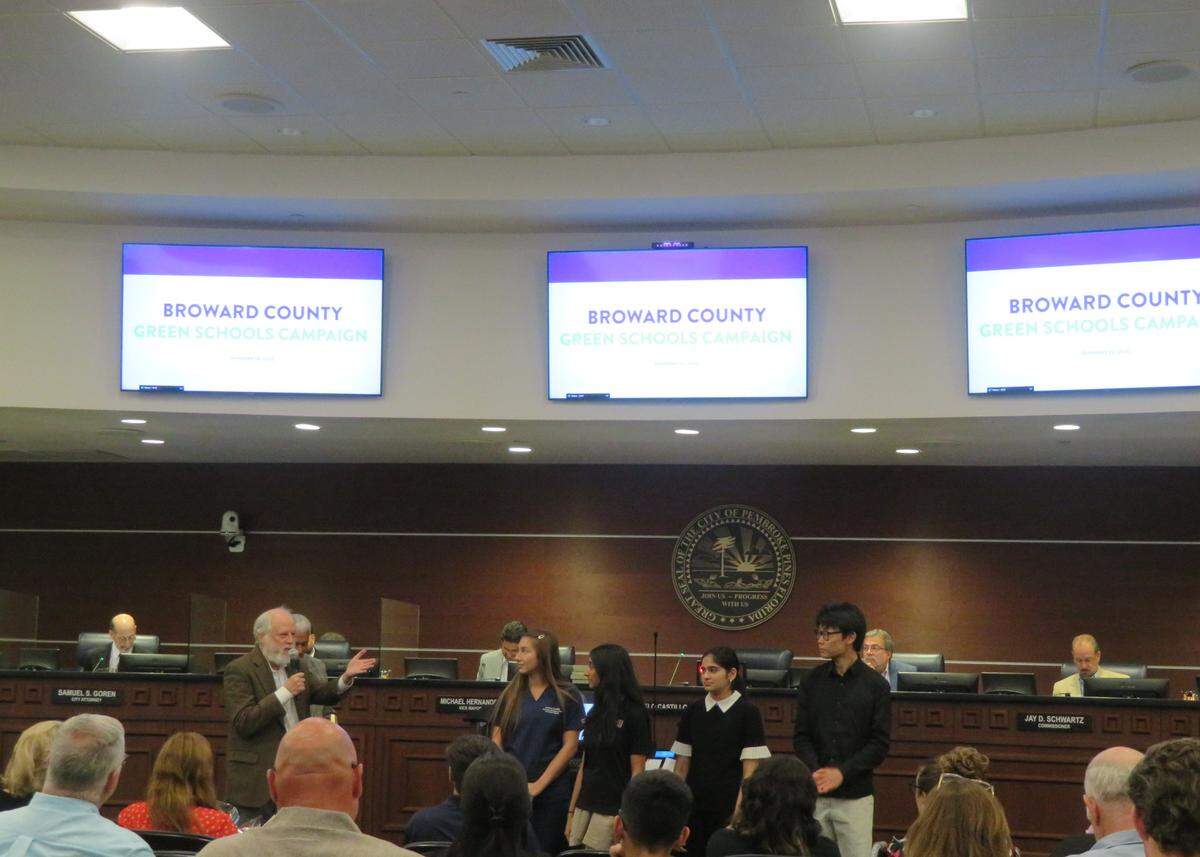 Members of the Broward Sierra Group Junior Team present their Green Schools initiative to the Pembroke Pines City Commission on Wednesday, Nov. 19, 2025.