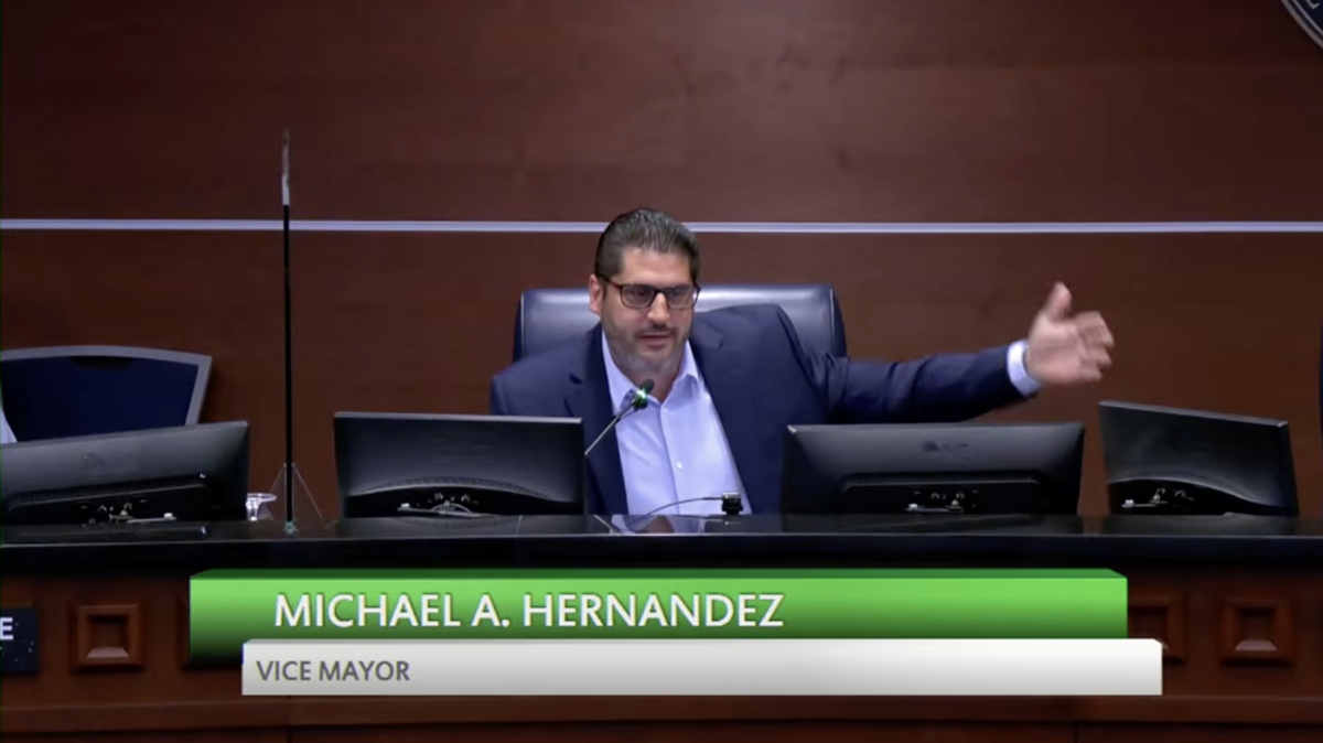 Pembroke Pines Vice Mayor Michael Hernandez at the city commission meeting on Tuesday, March 31, discussing a proposal to shift municipal elections from March to November. 