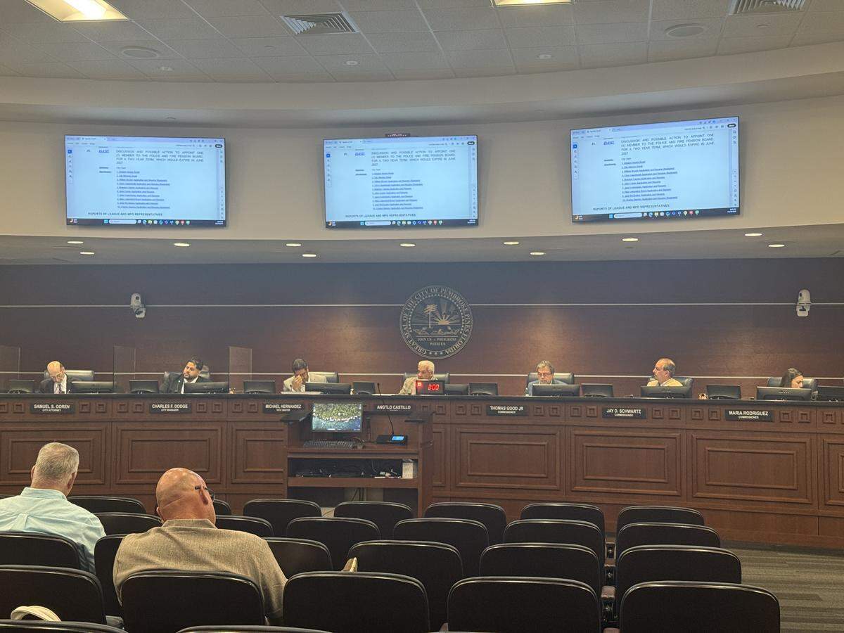 City commissioners meet inside the Pembroke Pines City Commission Chambers on Thursday, Nov. 19, to approve funding for roadway and infrastructure improvements, including a traffic study for Districts 1 and 2.
