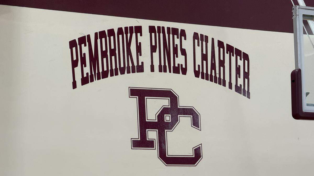 The Jaguars logo shown inside the Pembroke Pines Charter High School gymnasium.