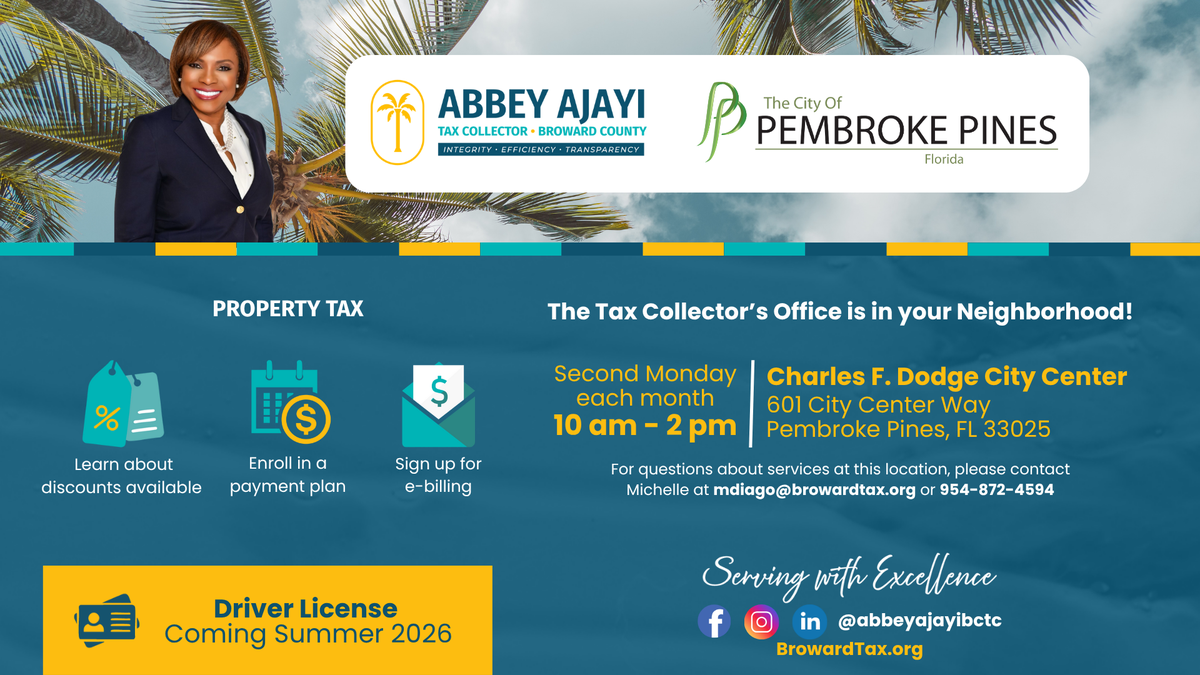 Broward County Tax Collector Abbey Ajayi plans to be at the Charles F. Dodge City Center on Monday, May 11.