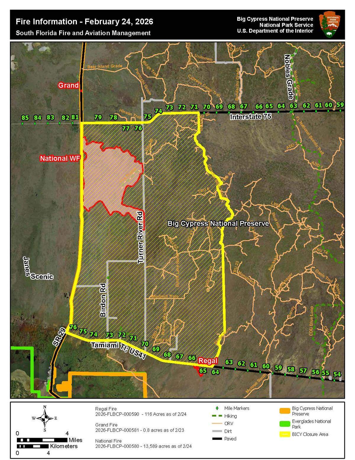 Ongoing wildfire activity within Big Cypress National Preserve continues to expand due to persistent drought conditions and recent frost damage that has created an unusually heavy and highly receptive fuel bed.