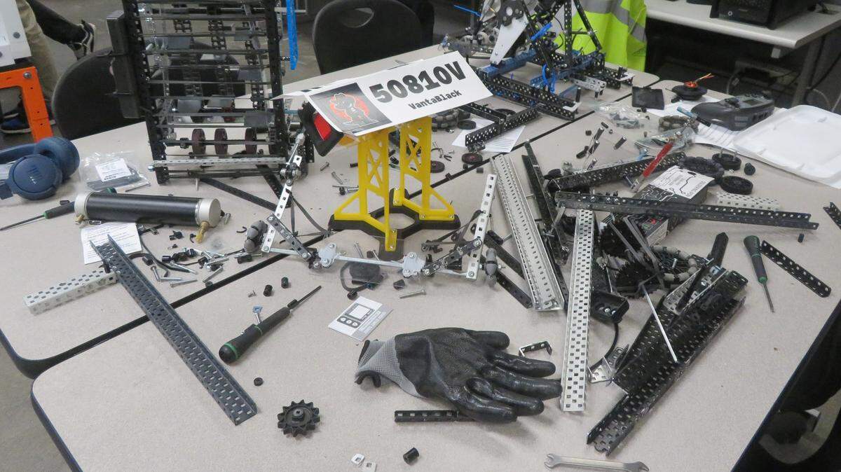 An “organized mess,” as students described it, fills one of the robotics lab tables after a prior competition.
