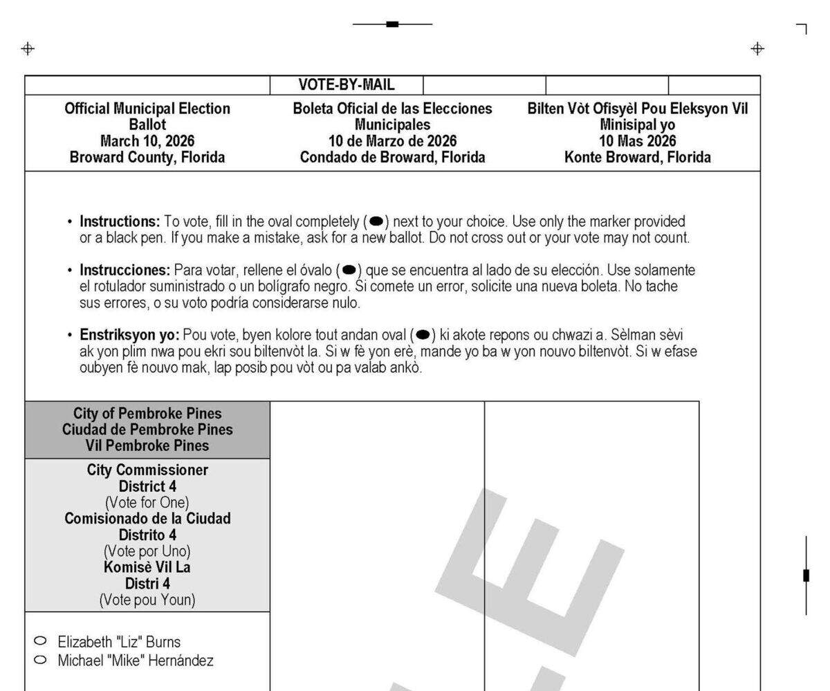 Sample ballot featuring District 4 candidates for the Pembroke Pines municipal election on March 10, 2026.