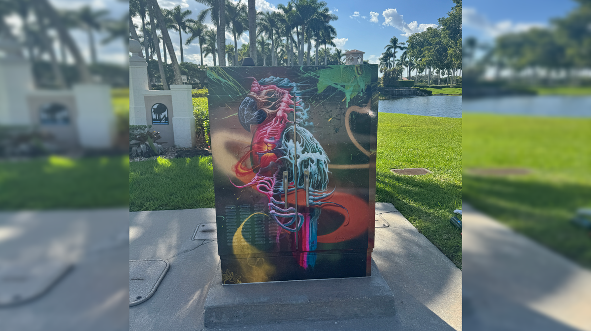 “Pedro the Parrot,” the 2025 Pembroke Pines Arts Festival poster winner by artist Seke, is featured at SW 14th Street and 184th Avenue.