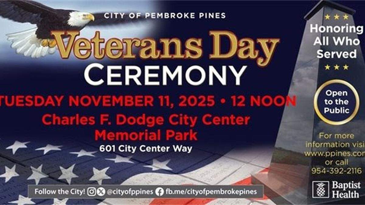 The City of Pembroke Pines will host a Veterans Day ceremony on Nov. 11 at the Charles F. Dodge City Center Memorial Park.