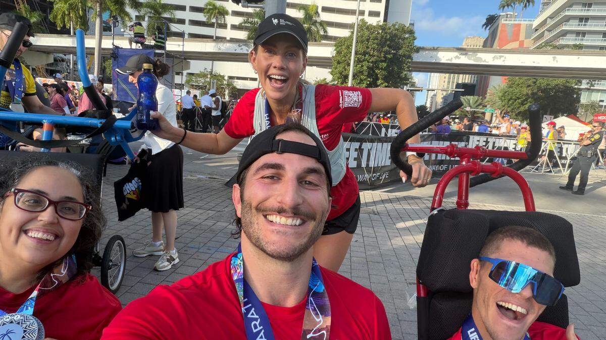 Jasmin Suarez, left, Claire Holt, top, Max Fink, bottom, and Michael Sayih, right, at the Life Time Miami Marathon.