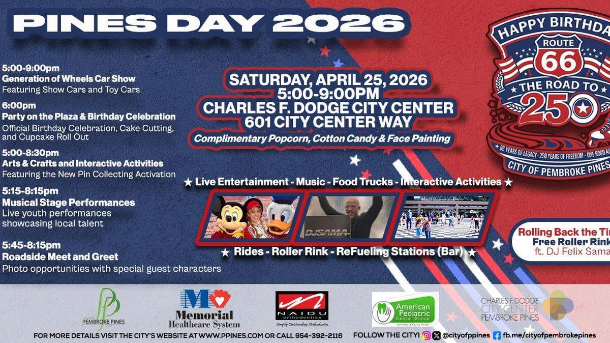 The City of Pembroke Pines will celebrate its 66th birthday on Pines Day — Saturday, April 25 — with “Route 66: The Road to 250.”