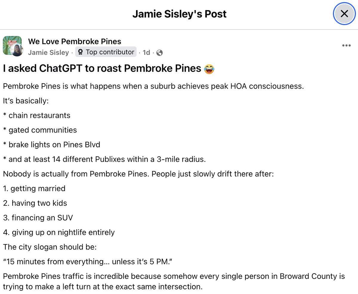 Screen grab of Jamie Sisley’s ChatGPT roast on the “We Love Pembroke Pines” Facebook group.
